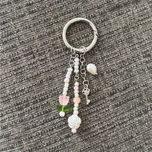 Pastel Floral Tulip Handmade Beaded Bag Charm Keychain with Real Pearl